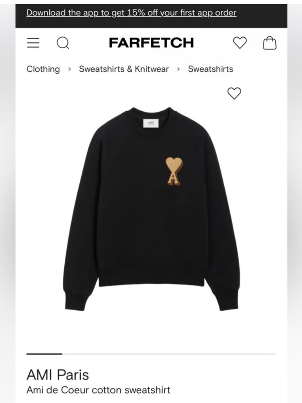 AMI Paris Ami de Coeur Cotton Black Sweatshirt with Tan Heart Logo size Medium